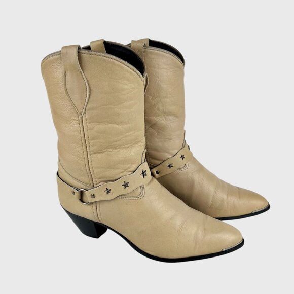 Laredo Womens Cream Leather Western Cowboy Boots Star Studded Strap size 10M - Picture 1 of 16